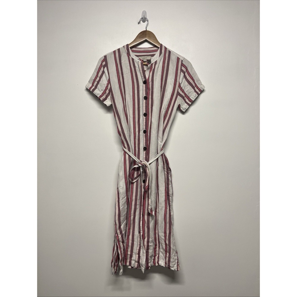 Loft‎ Dress Women's Size 6 Button Down Midi Striped Multi-Colored Short Sleeve